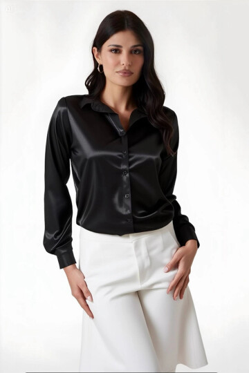Kadın Siyah  Hafif Dökümlü Saten Yüzeyli Gömlek HZL22W-BD139641