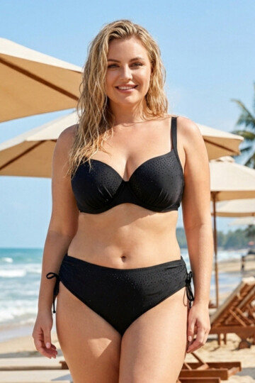Kadın Siyah Taş İşlemeli Astarlı Büyük Beden Bikini Takımı PLD25S-3010