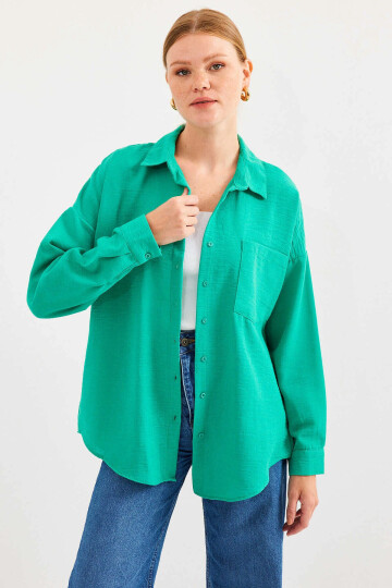 Kadın Su Yeşil Tek Cepli Oversize Keten Ayrobin Gömlek PLD24S-3121