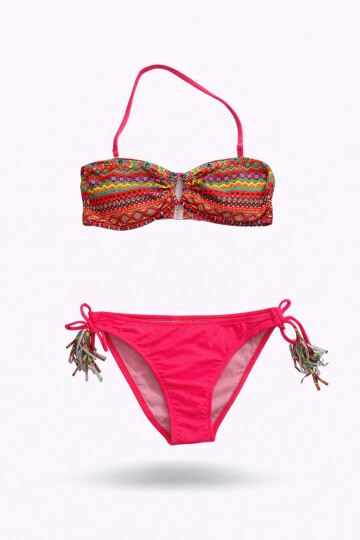 Kız Çocuk Fuşya Çok Renkli İp Detaylı Astarlı 4-12 Yaş Üçgen Bikini Takım PLD24S-3008
