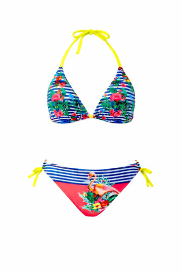 Kız Çocuk Mavi Pembe Flamingo Glow Desenli 6-14 Yaş Üçgen Bikini Takım PLD26S-3002