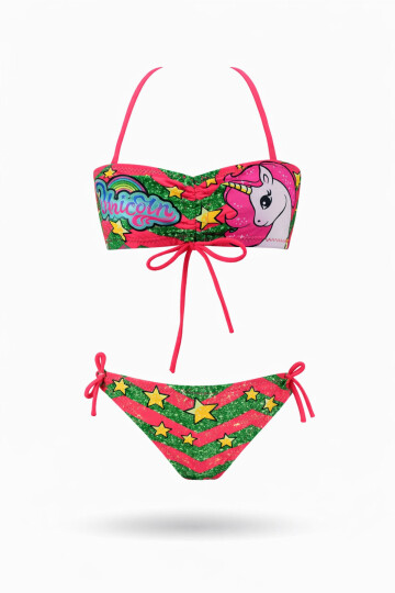 Kız Çocuk Neon Pembe Unicorn Desenli 2-8 Yaş Straplez Bikini Takım PLD24S-3011