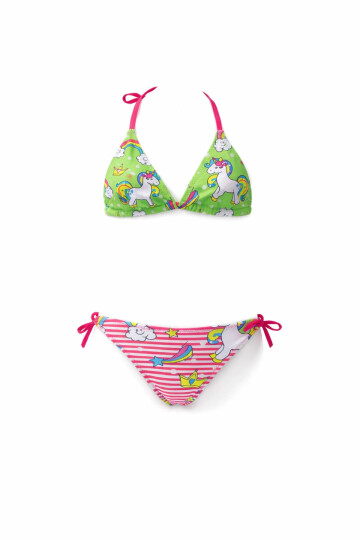 Kız Çocuk Neon Pembe Yeşil Unicorn Temalı Bikini Takım PLD25S-3005
