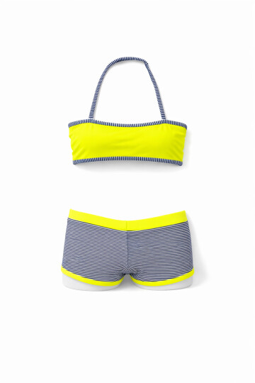 Kız Çocuk Neon Sarı Siyah Çizgili Şortlu 4-12 Yaş Straplez Bikini Takım PLD24S-3026