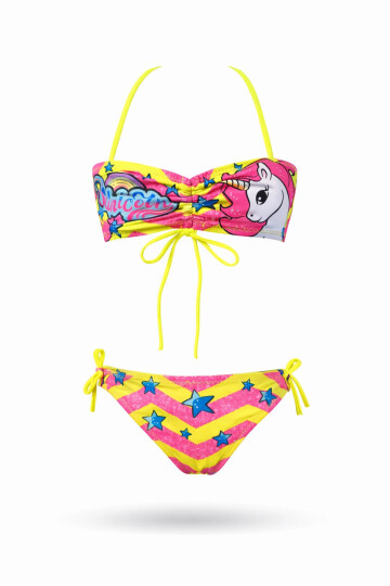 Kız Çocuk Neon Sarı Unicorn Desenli 2-8 Yaş Straplez Bikini Takım PLD24S-3011