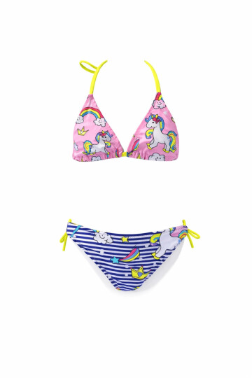 Kız Çocuk Pembe Lacivert Unicorn Temalı Bikini Takım PLD25S-3005