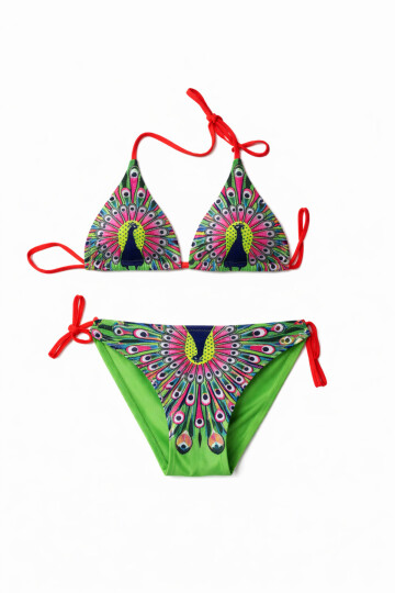 Kız Çocuk Yeşil Tavus Kuşu Desenli 6-14 Yaş Üçgen Bikini Takım PLD24S-3003