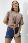 Kadın Bej Yazı Baskılı Oversize Vatkalı Bel Detay Örme T-Shirt PLD23S-3185