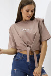 Kadın Bej Yazı Baskılı Oversize Vatkalı Bel Detay Örme T-Shirt PLD23S-3185