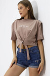 Kadın Bej Yazı Baskılı Oversize Vatkalı Bel Detay Örme T-Shirt PLD23S-3185