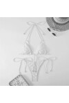 Kadın Beyaz İp Bağlamalı Aksesuarlı Astarlı Yüksek Bel Üçgen Bikini Takım PLD24S-3032