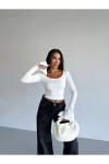 Kadın Beyaz Uzun Kollu Arkası Bağlamalı Fit Kesim Crop Bluz PLD25W-3048