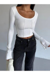 Kadın Beyaz Uzun Kollu Arkası Bağlamalı Fit Kesim Crop Bluz PLD25W-3048