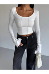 Kadın Beyaz Uzun Kollu Arkası Bağlamalı Fit Kesim Crop Bluz PLD25W-3048