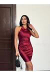 Kadın Bordo Halter Yaka Saten Kumaş Sırt Dekolteli Mini Elbise PLD26W-3076