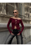 Kadın Bordo Önden Bağlamalı Madonna Yaka Crop Bluz PLD25W-3060