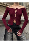 Kadın Bordo Önden Bağlamalı Madonna Yaka Crop Bluz PLD25W-3060