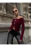 Kadın Bordo Önden Bağlamalı Madonna Yaka Crop Bluz PLD25W-3060