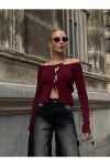 Kadın Bordo Önden Bağlamalı Madonna Yaka Crop Bluz PLD25W-3060