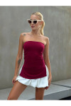 Kadın Bordo Yanı Büzgülü Çift Yırtmaçlı Straplez Bluz PLD24S-3059