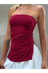 Kadın Bordo Yanı Büzgülü Çift Yırtmaçlı Straplez Bluz PLD24S-3059