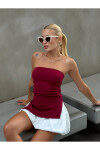 Kadın Bordo Yanı Büzgülü Çift Yırtmaçlı Straplez Bluz PLD24S-3059