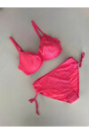 Kadın Canlı Pembe Desenli Büyük Beden Astarlı Bikini Takım PLD25S-3022