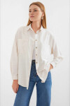 Kadın Ekru Oversize Çift Cepli Keten Gömlek PLD22S-3130