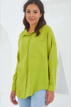 Kadın Fıstık Yeşil Tek Cepli Oversize Keten Ayrobin Gömlek PLD24S-3121