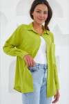 Kadın Fıstık Yeşil Tek Cepli Oversize Keten Ayrobin Gömlek PLD24S-3121
