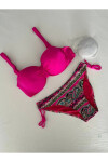 Kadın Fuşya Taş İşlemeli Desenli 3 Parça Bikini Takım PLD25S-3025
