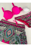 Kadın Fuşya Taş İşlemeli Desenli 3 Parça Bikini Takım PLD25S-3025