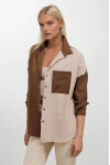 Kadın Kahverengi Krem Renk Bloklu  Poplin Basic Gömlek HZL22S-BD1201161