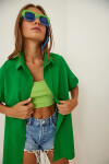 Kadın Koyu Yeşil Oversize Uzun Kısa Kollu Basic Poplin Gömlek PLD22S-3125