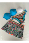Kadın Mavi Taş İşlemeli Desenli 3 Parça Bikini Takım PLD25S-3025