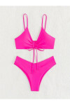 Kadın Neon Pembe İp Detaylı Astarlı V Kesim Üçgen Bikini Takım PLD24S-3036