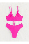 Kadın Neon Pembe İp Detaylı Astarlı V Kesim Üçgen Bikini Takım PLD24S-3036