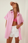Kadın Pembe Oversize Uzun Kısa Kollu Basic Poplin Gömlek PLD22S-3125