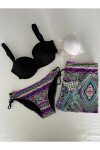 Kadın Siyah Taş İşlemeli Desenli 3 Parça Etekli Bikini Takım PLD25S-3025