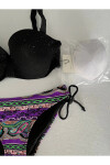 Kadın Siyah Taş İşlemeli Desenli 3 Parça Etekli Bikini Takım PLD25S-3025