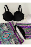Kadın Siyah Taş İşlemeli Desenli 3 Parça Etekli Bikini Takım PLD25S-3025