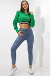 Kadın Yeşil Uzun Kollu Crop Detaylı Poplin Gömlek PLD23W-3129