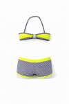 Kız Çocuk Neon Sarı Siyah Çizgili Şortlu 4-12 Yaş Straplez Bikini Takım PLD24S-3026